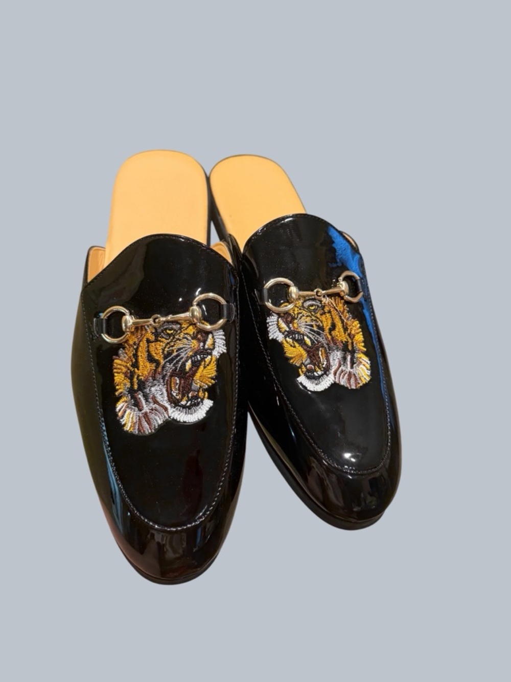 Black Patent Slip-On Loafers with Embroidered Tiger Accent